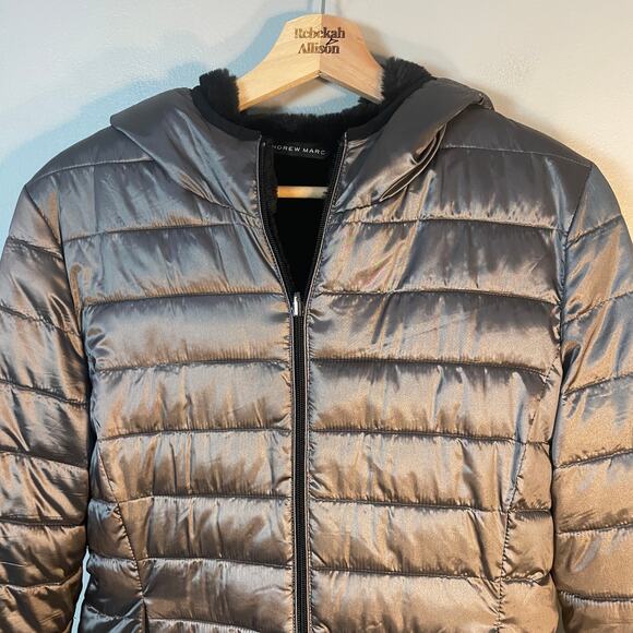 Andrew Marc Reversible Puffer & Faux Fur Jacket Silver & Black SZ Small EUC - Picture 2 of 16